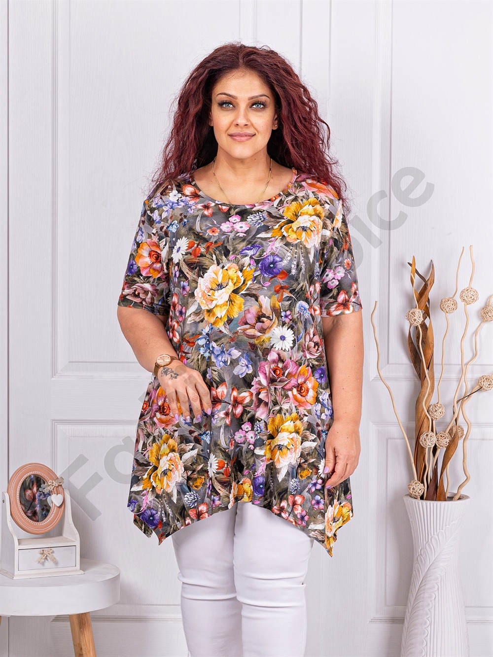 Tunica maxi asimetrica cu imprimeu flori galbene cod 2521018-2
