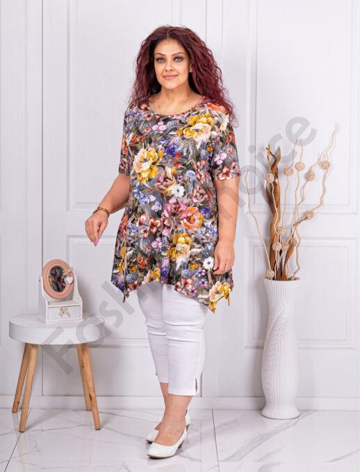 Tunica maxi asimetrica cu imprimeu flori galbene cod 2521018-2