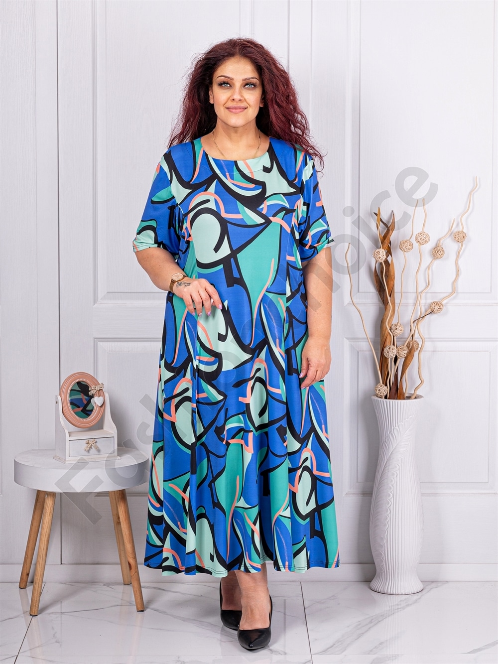 Rochie maxi in clos cu figuri verde si albastri cod 256085