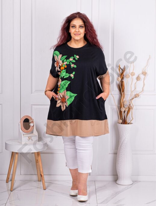 Tunica maxi lunga cu imprimeu floral si pietricele-cafea cod 1807-1
