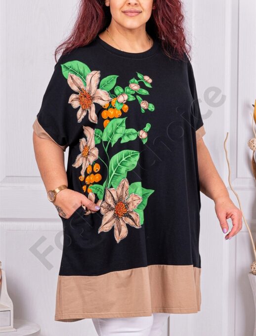 Tunica maxi lunga cu imprimeu floral si pietricele-cafea cod 1807-1