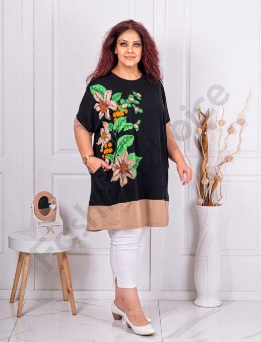 Tunica maxi lunga cu imprimeu floral si pietricele-cafea cod 1807-1