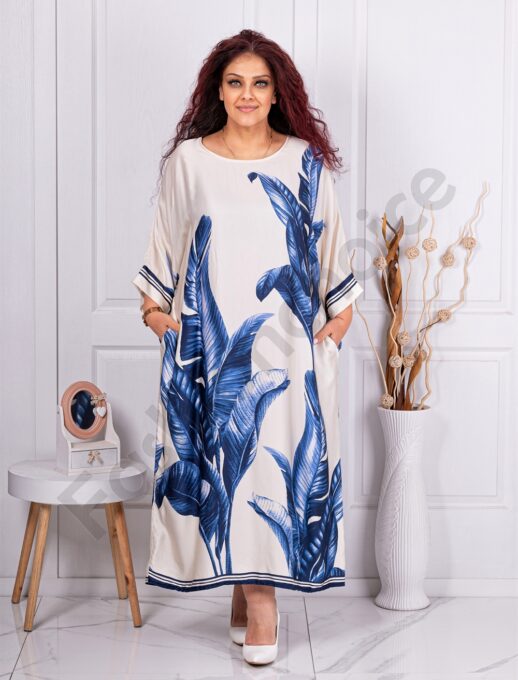 Rochie maxi din satin cu imprimeu frunze-albastru regal cod 38865-1