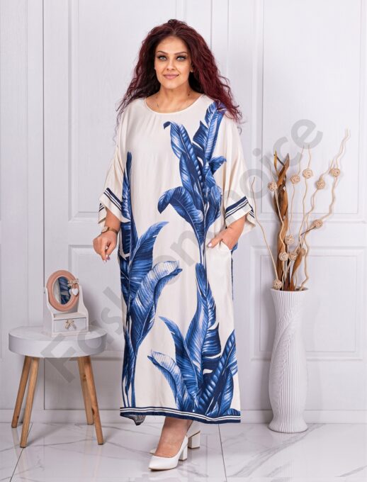 Rochie maxi din satin cu imprimeu frunze-albastru regal cod 38865-1