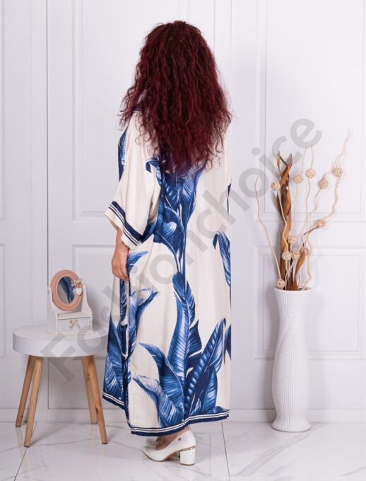 Rochie maxi din satin cu imprimeu frunze-albastru regal cod 38865-1