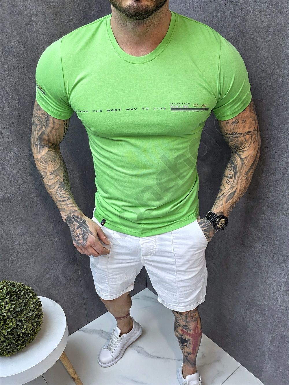 Tricou barbati Slim fit cu elastan si imprimeu mica-verde cod 252009-6