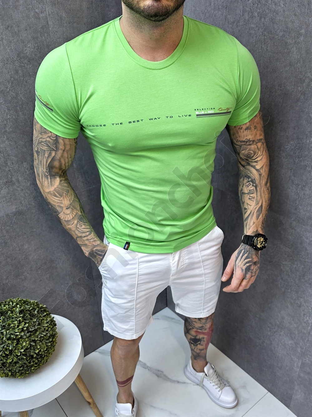 Tricou barbati Slim fit cu elastan si imprimeu mica-verde cod 252009-6