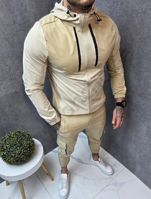 Compleu pentru barbati din fas in doua culori cu pantalon cargo-bej/capucino cod 1033-1