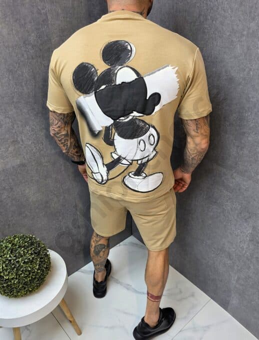 Compleu barbati pentru vara cu inscris si imprimeu Mickey Mouse-bej cod 2519-2