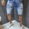 Blugi scurti pentru barbati cu patch-uri si efect rupt-albastru cod 1195