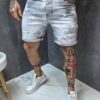 Blugi scurti pentru barbati cu efect rupt si zgariat-gri deschis cod 8002
