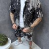 Compleu barbati din denim cu imprimeu in degrade si efect usor zgariat-negru cod 25149