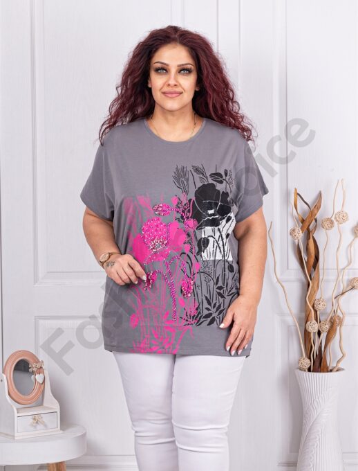 Tunica maxi cu imprimeu floral si decoratie cu pietricele si margele-gri cod 8561-4
