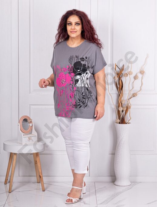 Tunica maxi cu imprimeu floral si decoratie cu pietricele si margele-gri cod 8561-4