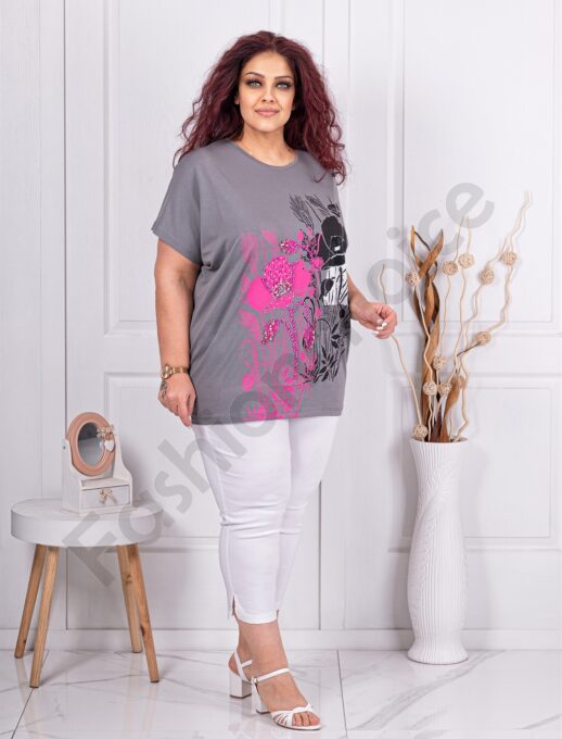 Tunica maxi cu imprimeu floral si decoratie cu pietricele si margele-gri cod 8561-4