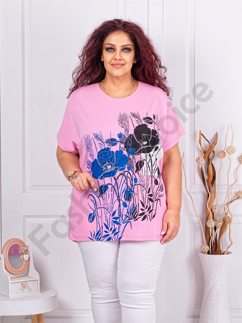 Tunica maxi cu imprimeu floral si decoratie cu pietricele si margele-roz cod 8561-3