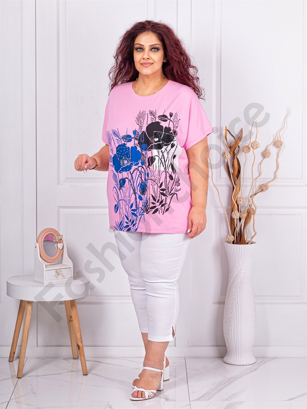 Tunica maxi cu imprimeu floral si decoratie cu pietricele si margele-roz cod 8561-3
