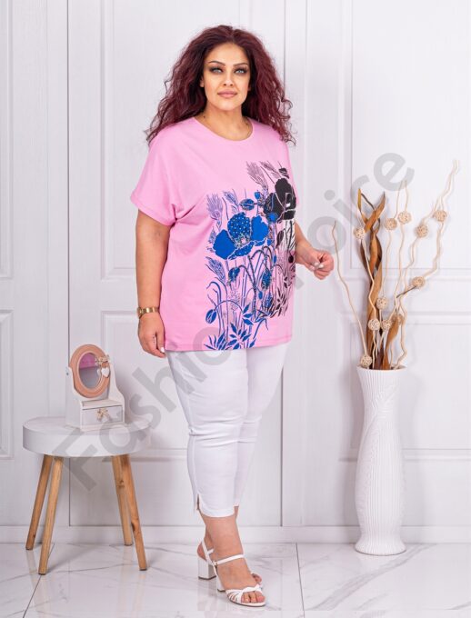Tunica maxi cu imprimeu floral si decoratie cu pietricele si margele-roz cod 8561-3