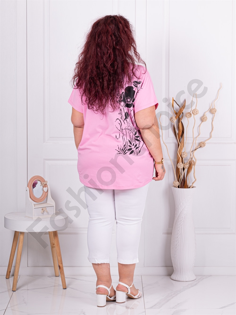 Tunica maxi cu imprimeu floral si decoratie cu pietricele si margele-roz cod 8561-3