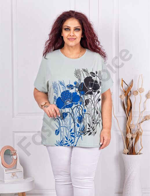 Tunica maxi cu imprimeu floral si decoratie cu pietricele si margele-menta cod 8561-1