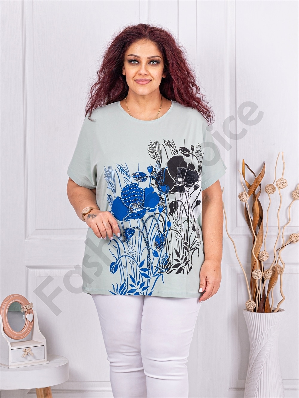 Tunica maxi cu imprimeu floral si decoratie cu pietricele si margele-menta cod 8561-1