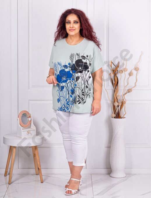 Tunica maxi cu imprimeu floral si decoratie cu pietricele si margele-menta cod 8561-1