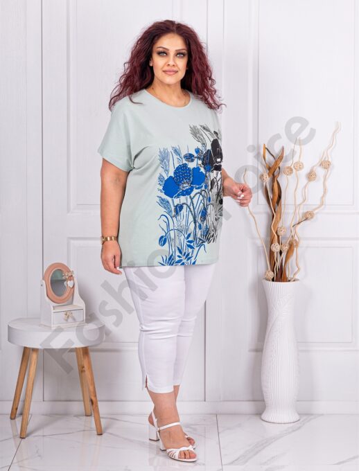 Tunica maxi cu imprimeu floral si decoratie cu pietricele si margele-menta cod 8561-1