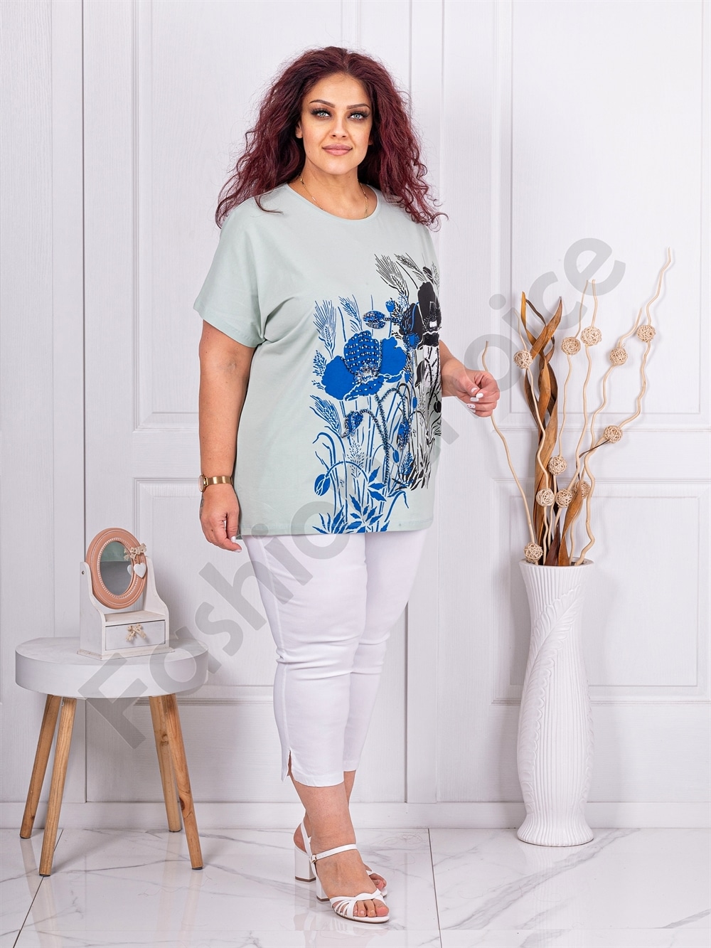 Tunica maxi cu imprimeu floral si decoratie cu pietricele si margele-menta cod 8561-1