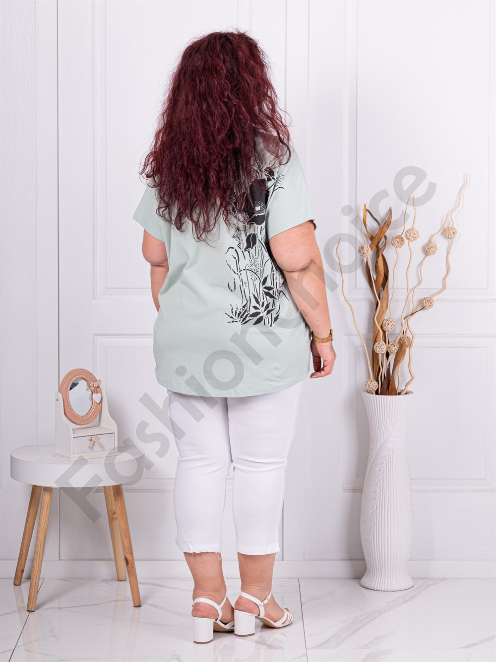 Tunica maxi cu imprimeu floral si decoratie cu pietricele si margele-menta cod 8561-1