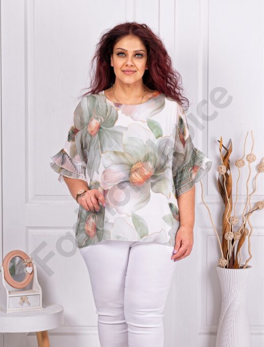 Bluza maxi din sifon cu imprimeu floral si maneca clopot-alb cod 50245-1