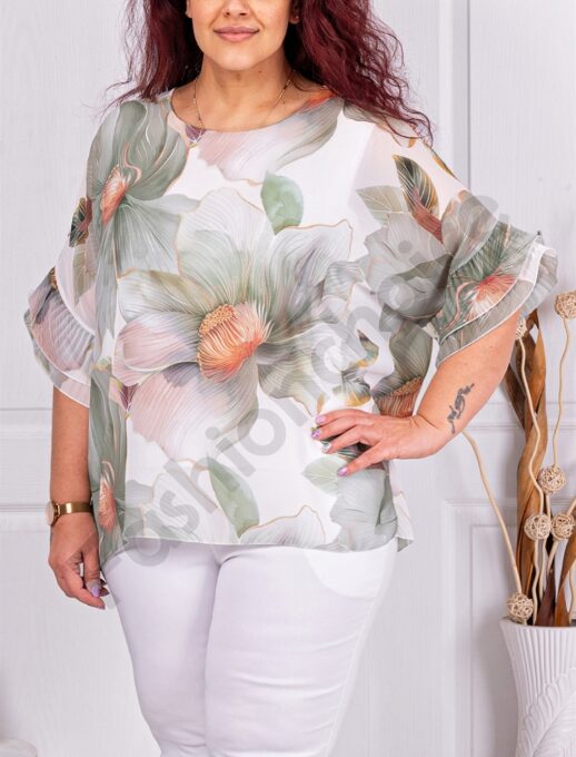 Bluza maxi din sifon cu imprimeu floral si maneca clopot-alb cod 50245-1