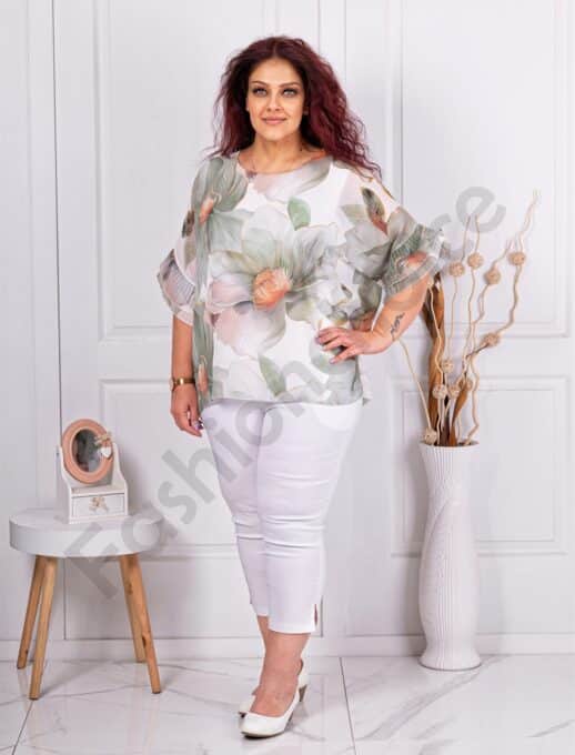 Bluza maxi din sifon cu imprimeu floral si maneca clopot-alb cod 50245-1
