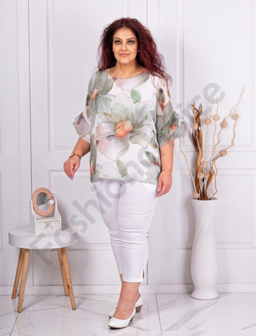 Bluza maxi din sifon cu imprimeu floral si maneca clopot-alb cod 50245-1