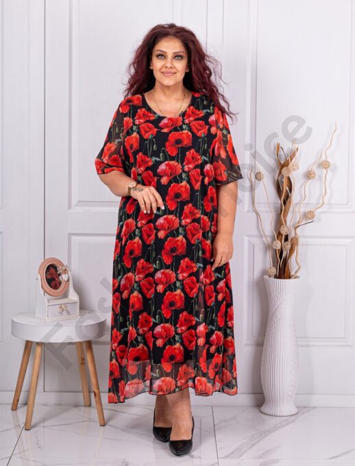 Rochie maxi eleganta din sifon cu imprimeu maci cod 1445-2