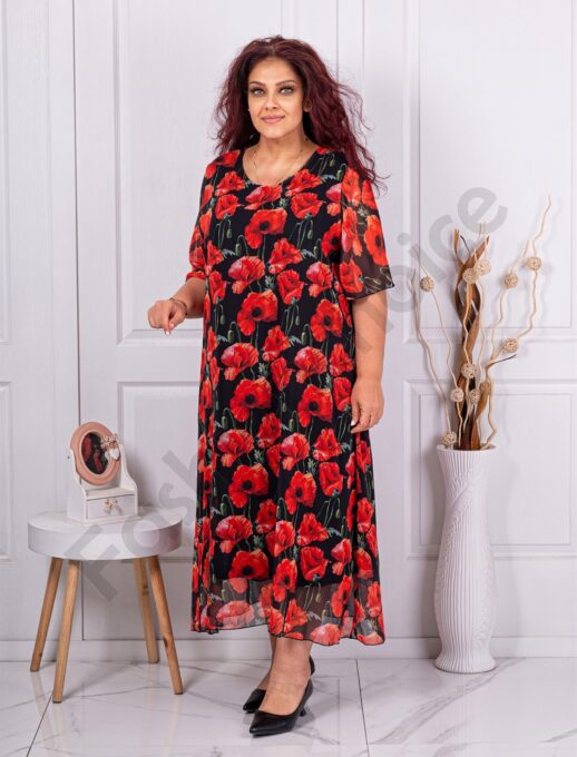 Rochie maxi eleganta din sifon cu imprimeu maci cod 1445-2