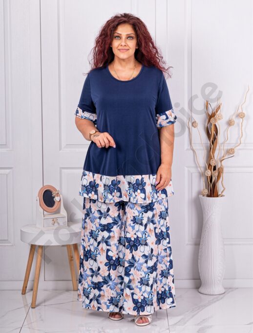 Set maxi elegant cu imprimeu floral-albastru inchis cod 10010-5