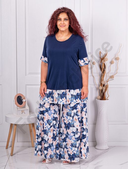 Set maxi elegant cu imprimeu floral-albastru inchis cod 10010-5