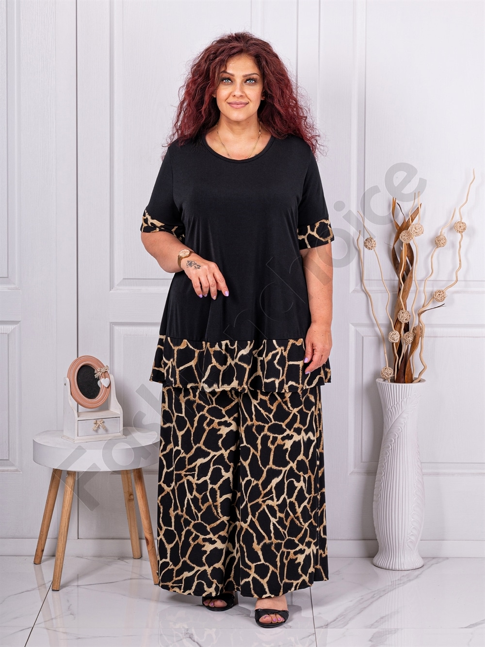 Set maxi elegant cu imprimeu figuri abstracte-negru/moca cod 10010-8