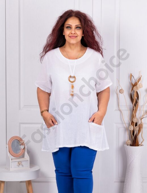Tunica maxi din in si bumbac cu decoratie-alb cod 7753-1