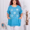 Tunica maxi din in si bumbac cu imprimeu papadie-albastru cod 7390-7