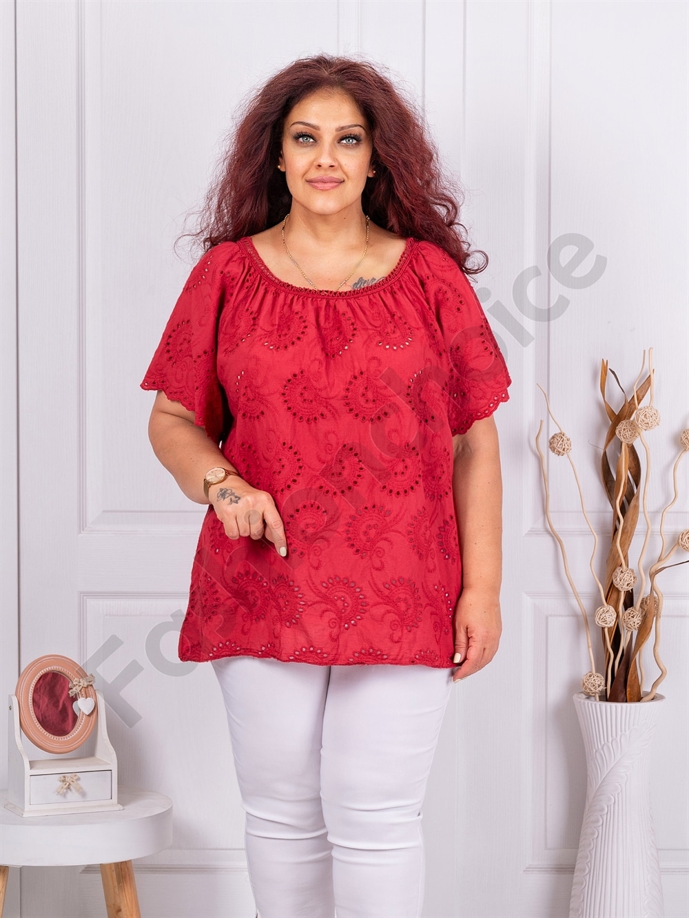 Bluza maxi pentru vara cu broderie englezeasca-bordo cod 1277-7