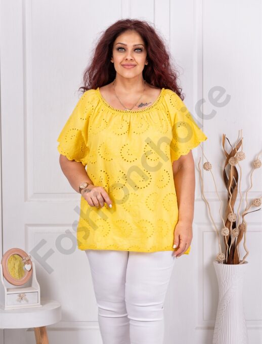 Bluza maxi pentru vara cu broderie englezeasca-galben cod 1277-5