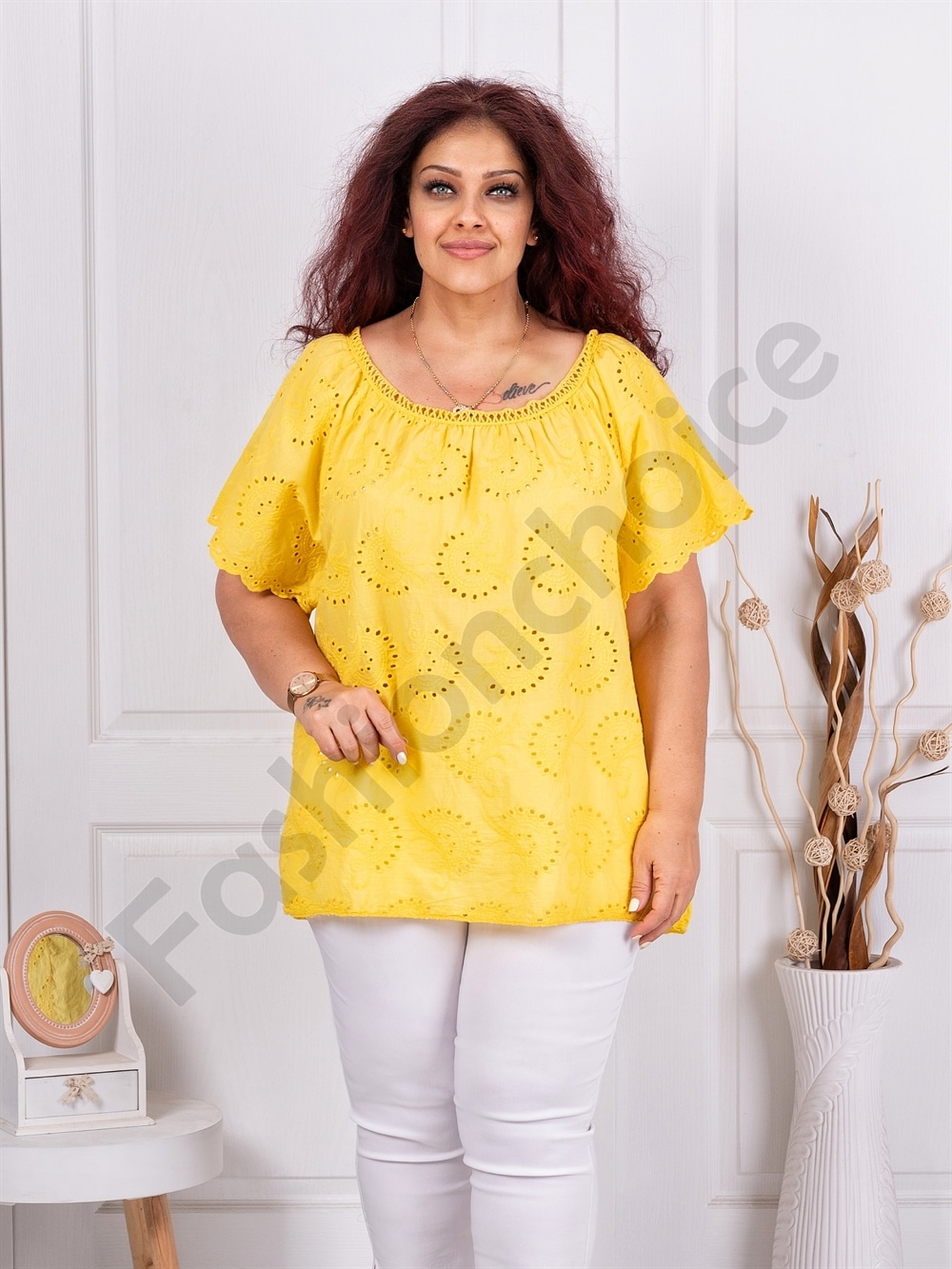 Bluza maxi pentru vara cu broderie englezeasca-galben cod 1277-5