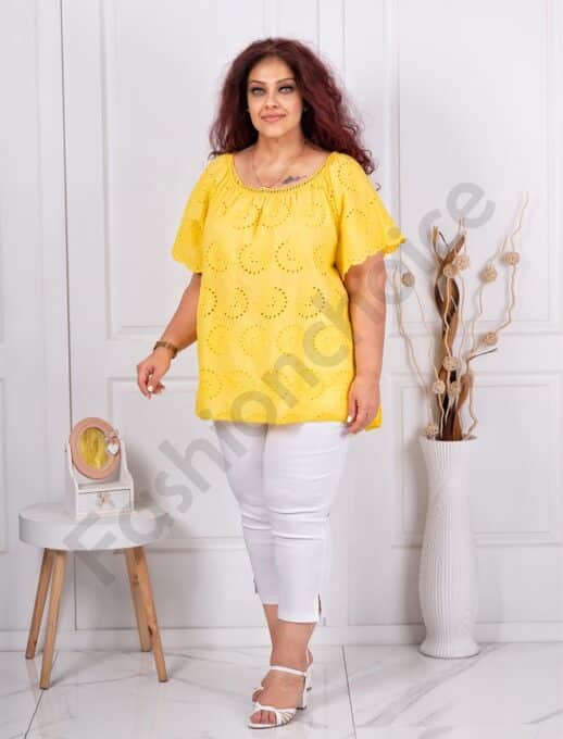 Bluza maxi pentru vara cu broderie englezeasca-galben cod 1277-5
