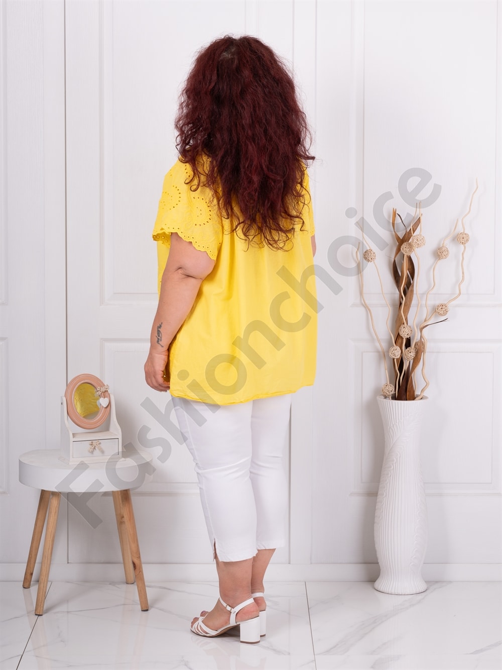 Bluza maxi pentru vara cu broderie englezeasca-galben cod 1277-5