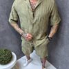 Compleu barbati Oversize pentru vara din in cu imprimeu in degrade-kaki cod 522-1