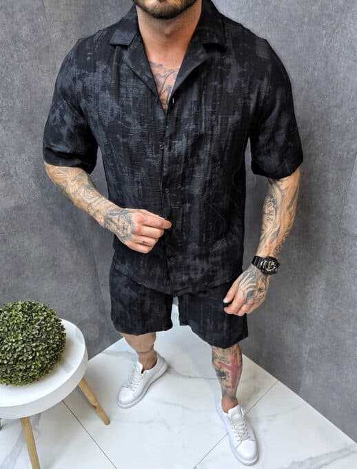 Compleu barbati Oversize pentru vara din in cu imprimeu in degrade-negru cod 522