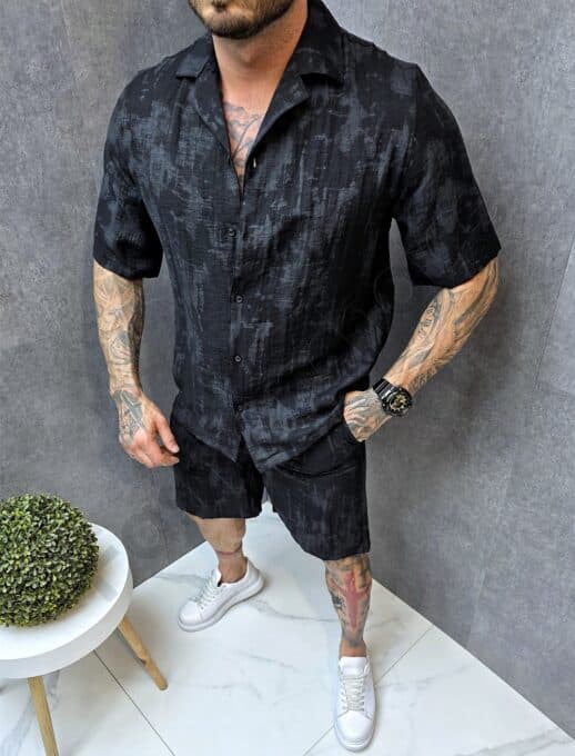 Compleu barbati Oversize pentru vara din in cu imprimeu in degrade-negru cod 522
