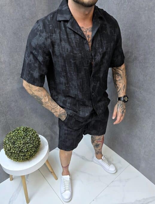 Compleu barbati Oversize pentru vara din in cu imprimeu in degrade-negru cod 522