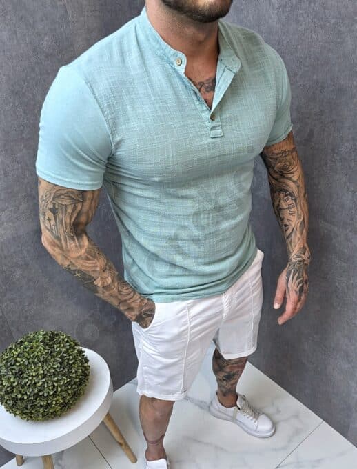 Bluza barbati din 100% bumbac cu nasturi pe decolteu-menta cod 13563-2